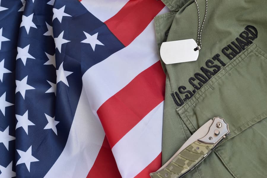 us coast guard, flag, dog tag and knife