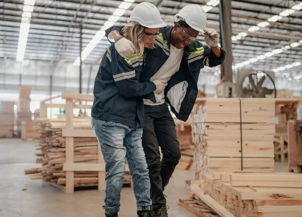 Injured worker being helped in a Greensboro lumber warehouse – contact a Greensboro work injury lawyer for legal support.